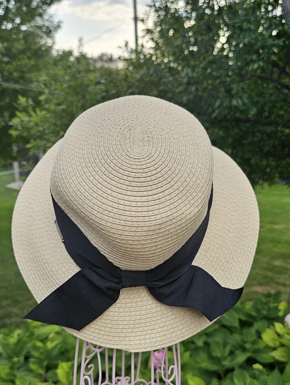 Cream Straw Sun Hat with Black Ribbon Bow